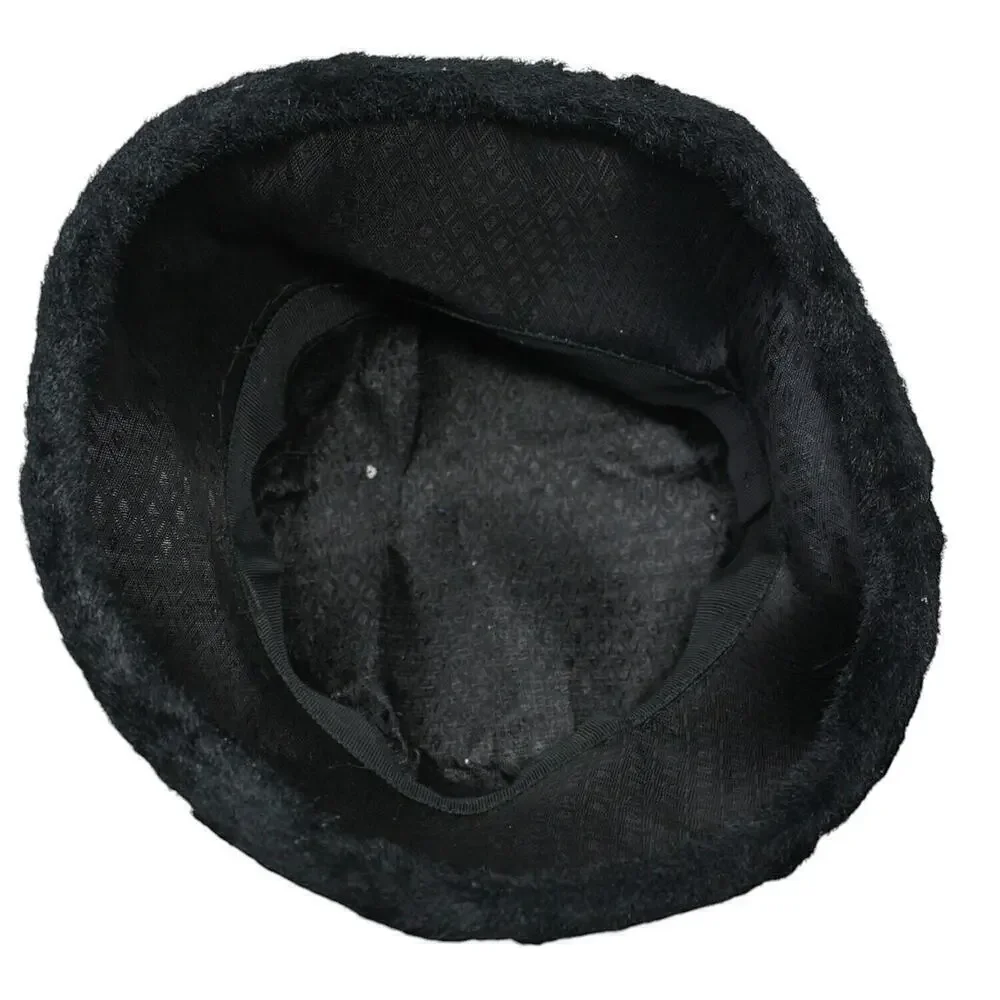 Vintage Black Plush Bucket Hat w Paisley Black Satin Trim and Bow - Hey Viv